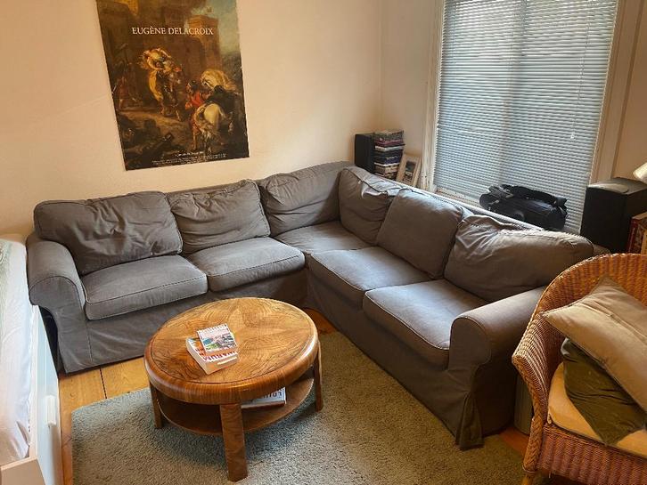 Bank (IKEA EKTORP hoekbank 4-zits) donkergrijs, Huis en Inrichting, Banken | Complete zithoeken, Gebruikt, Hout, Stof, Ophalen