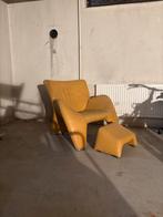 Leolux Fauteuil + Voetpoef - Geel Leer, Huis en Inrichting, Fauteuils, Ophalen, Gebruikt, Leer, Jaren '80