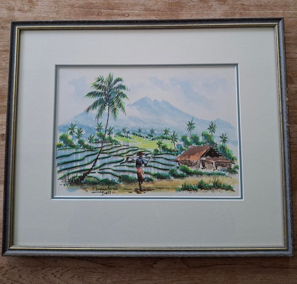 Ingelijste aquarel Balinees landschap, Ophalen of Verzenden