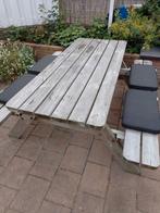 Picknicktafel met opklapbare bankjes en kussens, Ophalen, Gebruikt, Rechthoekig, Hout