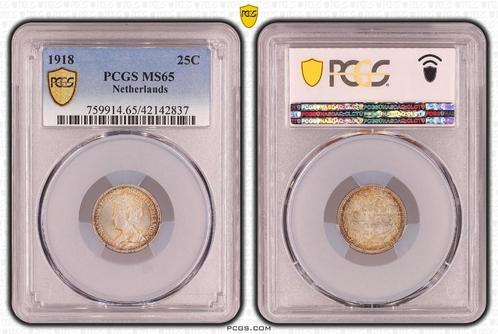 Nederland - 25 cent 1918 in PCGS slab MS65, Postzegels en Munten, Munten | Nederland, Losse munt, 25 cent, Koningin Wilhelmina