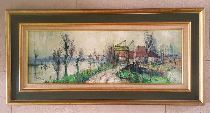 Riviergezicht met ophaalbrug - Francois Franc 1926-1989, Antiek en Kunst, Kunst | Schilderijen | Klassiek, Ophalen of Verzenden