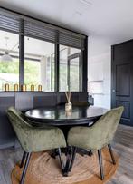 Eetkamerset zwarte tafel met 3 donker groene stoelen, Huis en Inrichting, Tafels | Eettafels, Rond, Zo goed als nieuw, Ophalen