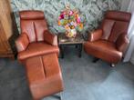 2 cognac leren fauteuils + hocker, Ophalen, Gebruikt, 75 tot 100 cm, Leer