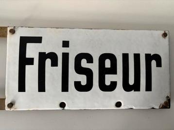 Vintage Emaille Reclamebord Friseur/Kapper beschikbaar voor biedingen