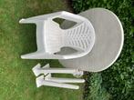 Te koop tuintafel met 4 stoelen, Ophalen, Gebruikt, Kunststof, Stapelbaar