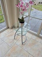 Glazen bijzettafel met metalen frame, Huis en Inrichting, Minder dan 55 cm, Gebruikt, Rond, Glas