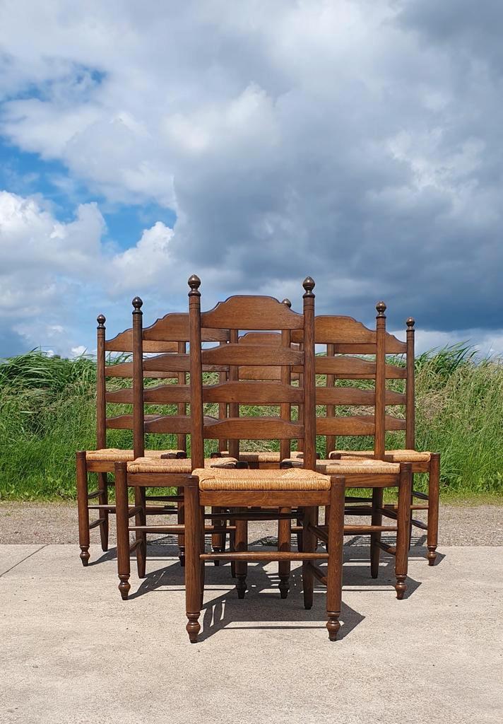Set 6 - Vintage landelijk ladderback knopstoel - Mooi, Huis en Inrichting, Stoelen, Zo goed als nieuw, Vijf, Zes of meer stoelen