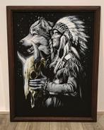 Ingelijst doek: Indiaan met wolf, 68x50cm, Ophalen, Schilderij, 75 cm of meer