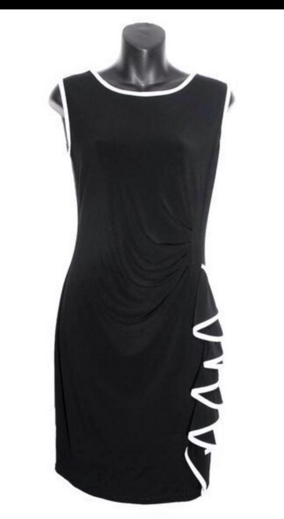 Ribkoff elegante zwarte jurk witte accentjes ruche maat 38, Kleding | Dames, Jurken, Zo goed als nieuw, Maat 38/40 (M), Zwart