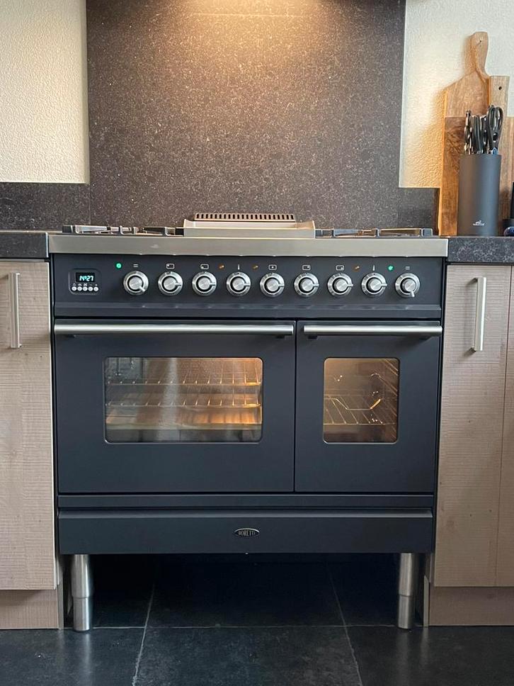 Boretti fornuis 90cm breed, antraciet met dubbele oven!, Witgoed en Apparatuur, Fornuizen, Gebruikt, Tussenbouw, Gas, 5 kookzones of meer