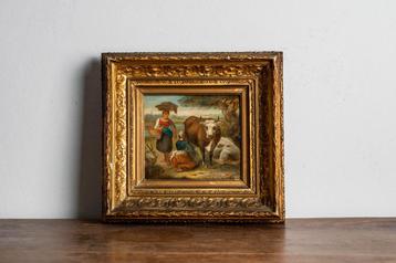 Antiek Hollands landschapschilderij met melkmeid Veldhuijzen beschikbaar voor biedingen