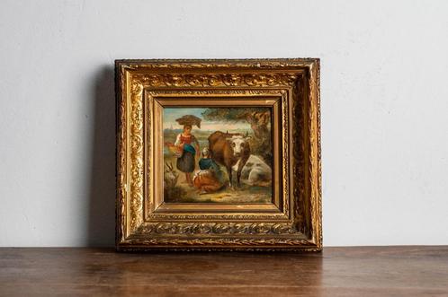 Antiek Hollands landschapschilderij met melkmeid Veldhuijzen, Antiek en Kunst, Kunst | Schilderijen | Klassiek, Ophalen of Verzenden