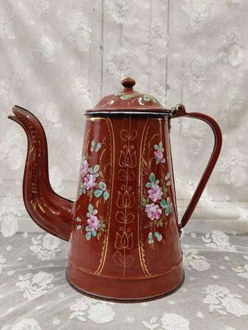 Oud emaille koffiepot met rozen decor  beschikbaar voor biedingen