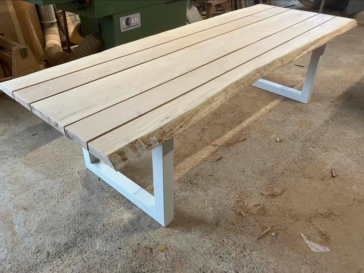 Eiken tafelblad boomstam recht met een wit onderstel of hout, Tuin en Terras, Picknicktafels, Nieuw, Rond, Aluminium, Ophalen
