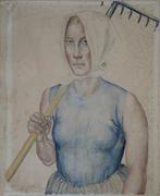 Jan Franken Pzn krijttekening "Jonge Vrouw met Hark", 1930, Ophalen