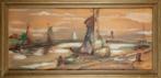 Zeilboten aangemeerd in een kleine haven, Antiek en Kunst, Kunst | Schilderijen | Klassiek, Ophalen of Verzenden