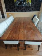 Kloostertafel met 6 wit leren stoelen, Huis en Inrichting, Ophalen, Gebruikt, 100 tot 150 cm, Eikenhout