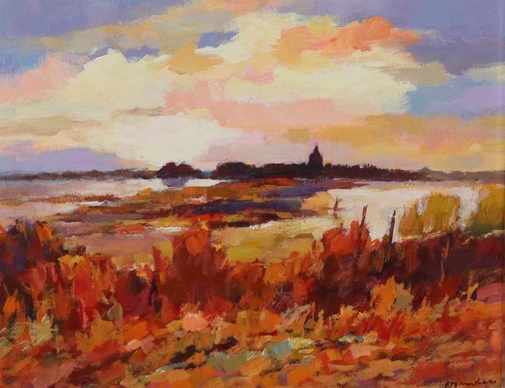 Frans Manders (1939), avondlandschap, Antiek en Kunst, Kunst | Schilderijen | Klassiek, Ophalen of Verzenden