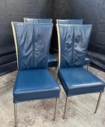 Set van 4 blauwe lederen eetkamerstoelen merk HVS, Ophalen, Blauw, Zo goed als nieuw, Metaal