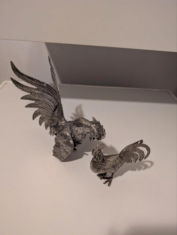 Zilverkleurige Haan Beeldjes - Set van 2, Antiek en Kunst, Kunst | Beelden en Houtsnijwerken, Ophalen of Verzenden