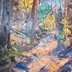 Oud abstract Olieverfschilderij Kristian Bjulver Denemarken, Oorspronkelijke maker, Ophalen of Verzenden, Zo goed als nieuw, 75 cm of meer