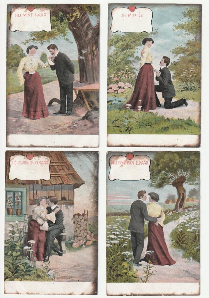 serie van 4 ansichten liefde romantiek 1904, Verzamelen, Ansichtkaarten | Themakaarten, Gelopen, Voor 1920, Overige thema's, Verzenden