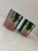 2x Kaarsenhouders glas met multicolour rainbow/olie effect, Overige materialen, Overige kleuren, Ophalen of Verzenden, Zo goed als nieuw