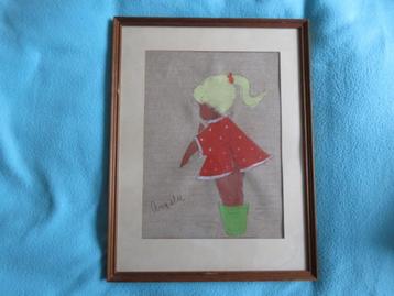Origineel vintage schilderij op linnen meisje Angelie Zweeds beschikbaar voor biedingen