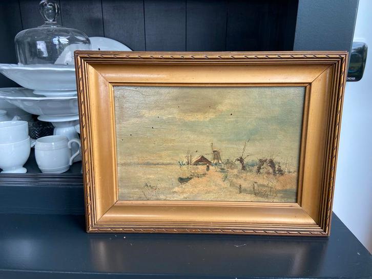 Oud olieverf schilderij paneel winterlandschap molen lijst, Antiek en Kunst, Kunst | Schilderijen | Klassiek, Ophalen of Verzenden