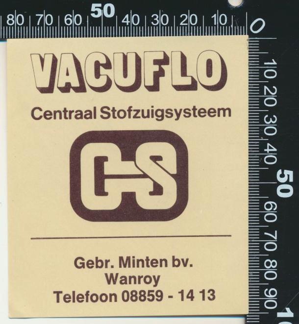Sticker: Vacuflo  - Gebroeders Minden - Wanroy, Verzamelen, Stickers, Zo goed als nieuw, Bedrijf of Vereniging, Ophalen of Verzenden