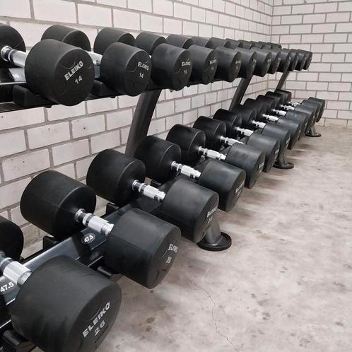 Eleiko Polyurethaan Dumbells Set 12kilo tot 36 kilo + Racks, Sport en Fitness, Fitnessmaterialen, Zo goed als nieuw, Dumbbell