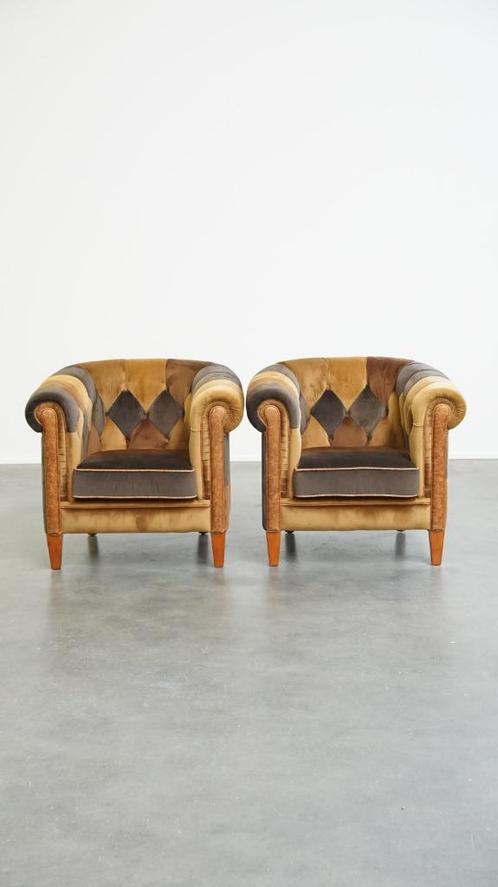Unieke set van 2 chesterfield clubfauteuils in Engelse stijl, Huis en Inrichting, Fauteuils, Zo goed als nieuw, Stof, 75 tot 100 cm