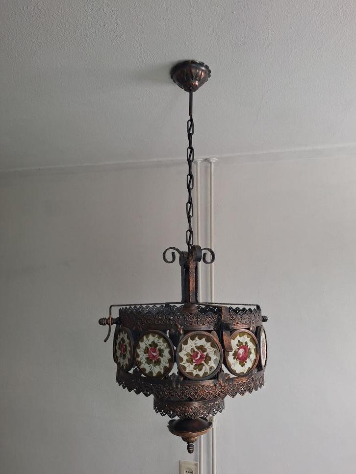 Hanglamp metaal porselein vintage, Huis en Inrichting, Lampen | Hanglampen, Zo goed als nieuw, 75 cm of meer, Metaal, Ophalen of Verzenden