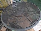 Grijs ronde ijzeren tafel en 4 stoelen, Ophalen of Verzenden, Zo goed als nieuw, Rond, Teakhout
