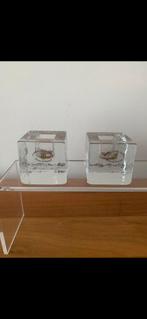 Twee vintage handmade ijsglas cubes kandelaars vierkant, Overige materialen, Wit, Nieuw, Ophalen of Verzenden