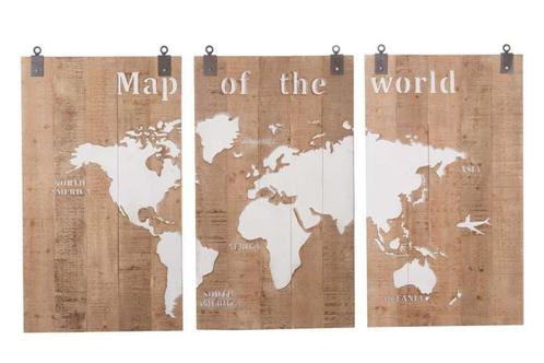 Wereldkaart hout (3 wandpanelen), Huis en Inrichting, Woonaccessoires | Wanddecoraties, Zo goed als nieuw, Ophalen