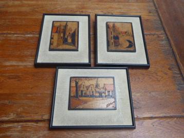 3 schilderijtjes met houten paneeltjes beschikbaar voor biedingen