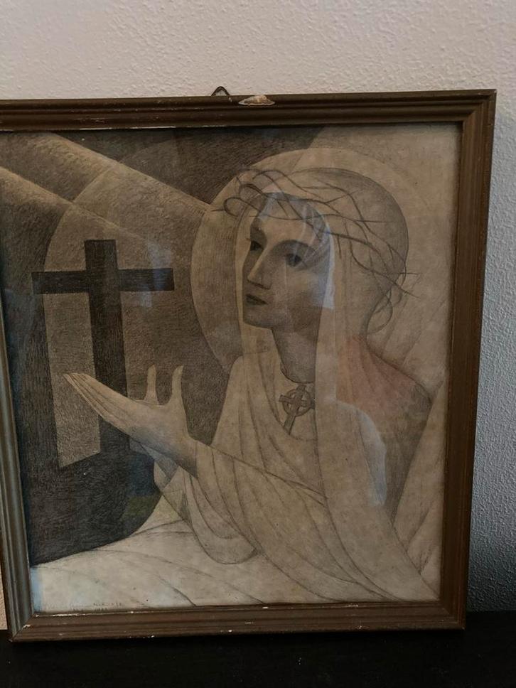 Potloodtekening Non met Kruis, Gesigneerd 1933, Antiek en Kunst, Kunst | Tekeningen en Foto's, Ophalen of Verzenden