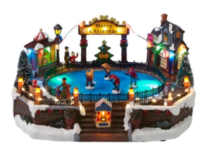 Kerstdorp met ijsbaan, verlichting en bewegende figuurtjes., Diversen, Kerst, Ophalen of Verzenden