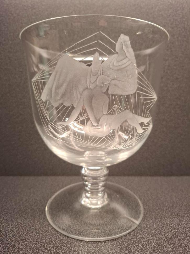 Leerdam A.D. Copier Arganuul bokaal met ets ca. 18.5 cm, Antiek en Kunst, Antiek | Glas en Kristal, Ophalen of Verzenden