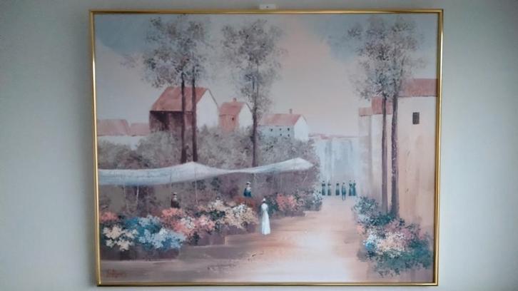 Zeer groot schilderij van Lee Reynolds met bloemenmarkt, Antiek en Kunst, Kunst | Schilderijen | Klassiek, Ophalen