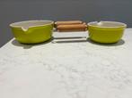 Setje Le Creuset La Mama 14 en 17 cm Shrek kleur!, Huis en Inrichting, Gietijzer, Ophalen of Verzenden, Zo goed als nieuw, Keramische plaat