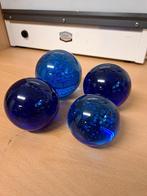 Blauwe glazen presse-papier bol 4 stuks met bubbels, Ophalen, Gebruikt