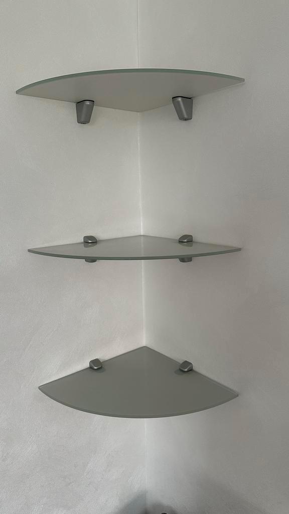 Hoekplank met 3 glazen planken- Duraline, Huis en Inrichting, Woonaccessoires | Wandplanken en Boekenplanken, Gebruikt, Ophalen of Verzenden