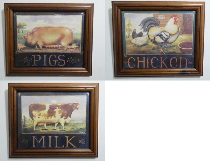 3x boerderij dier in lijst achter glas [1484], Huis en Inrichting, Woonaccessoires | Schilderijen, Tekeningen en Foto's, Schilderij