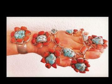 Bijzonder Zilveren Collier/Armband/Ring/Bloodkoraal/Turkoois beschikbaar voor biedingen