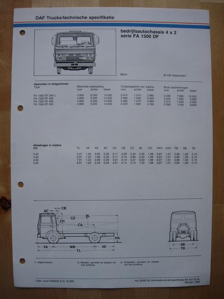 DAF FA 1500 DF Technische Specificatie folder 1982 – 4x2, Boeken, Auto's | Folders en Tijdschriften, Zo goed als nieuw, Overige merken