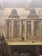 2 Grote Houten Windlichten met Koperen Ophanging, Huis en Inrichting, Ophalen, Bruin, Gebruikt, 25 tot 50 cm