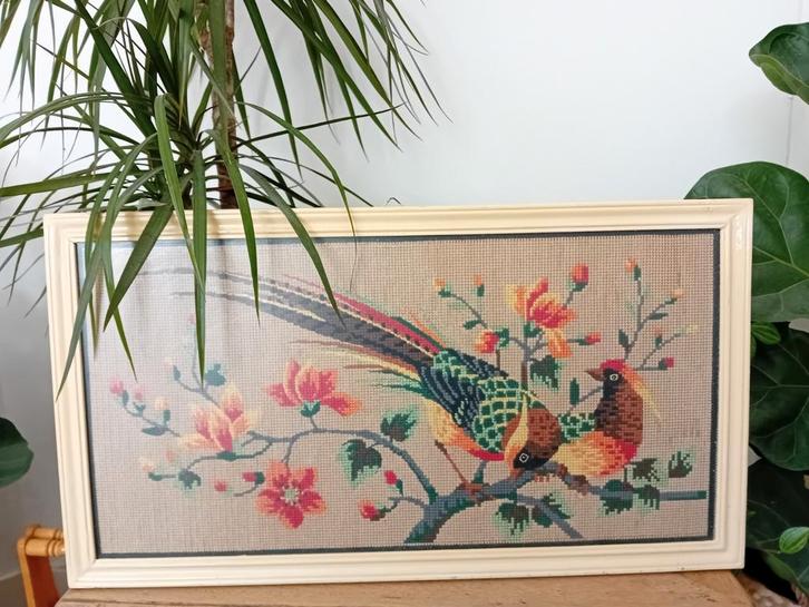 Vintage Borduurwerk Schilderij - Fazanten, Huis en Inrichting, Woonaccessoires | Schilderijen, Tekeningen en Foto's, Zo goed als nieuw